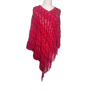 Red and Dark brown  Zigzag  patterned Knit  with  Fringe Poncho..
